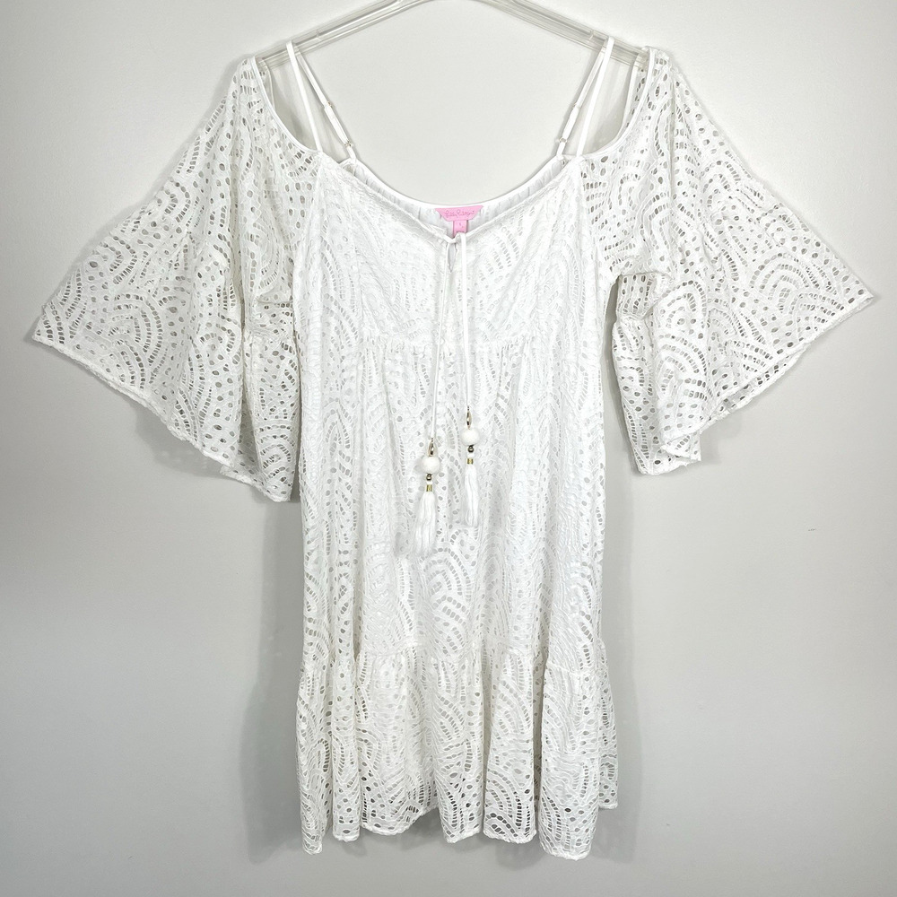 Lilly Pulitzer Allana Dress Size L White Lace Tassels Tropical Resort Party